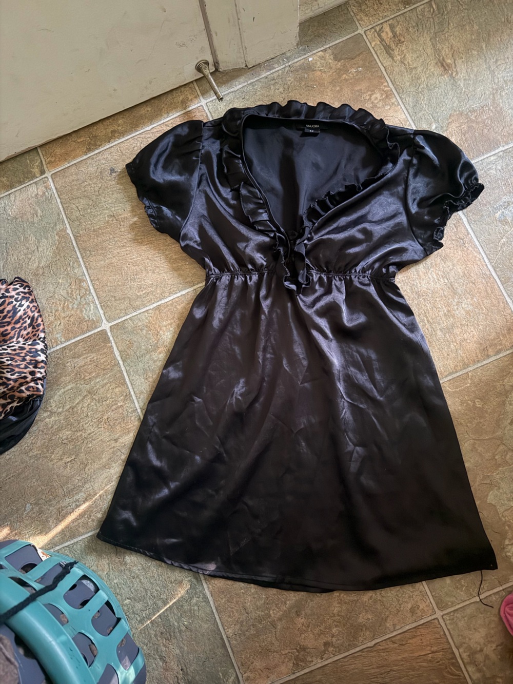 Black Satin Women's babydoll dress - Elegant Ruched Detail